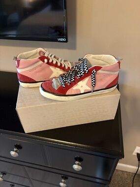 Golden Goose Pink and Red Mid-Top Sneakers with Star Detail